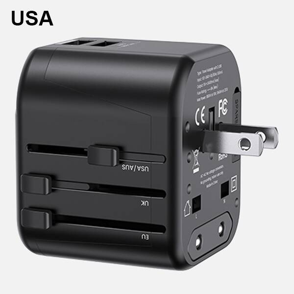 USAMS Ład. siec. 2xUSB T55 12W adapter 4w1 US/AU/EU/UK czarny/black CC173TC01 (US-CC173) Univesal Travel Charger