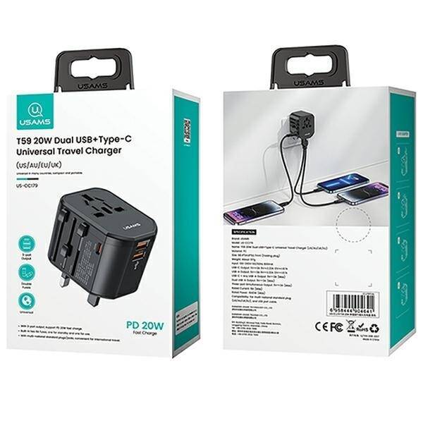 USAMS Ład. siec. 2xUSB T59 20W adapter 4w1 US/AU/EU/UK czarny/black CC179TC01 (US-CC179) Univesal Travel Charger