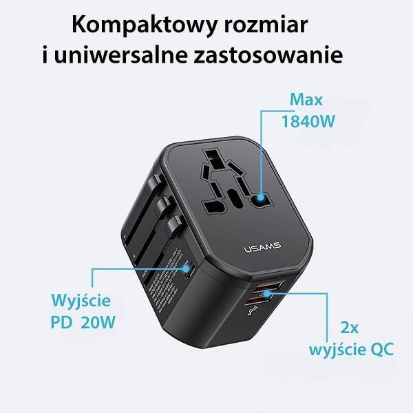 USAMS Ład. siec. 2xUSB T59 20W adapter 4w1 US/AU/EU/UK czarny/black CC179TC01 (US-CC179) Univesal Travel Charger