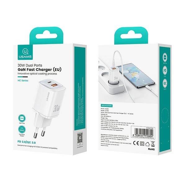 USAMS Ład. siec. CC254 30W GaN USB-C/USB-A Fast Charging HC Series biały/white CC254TC02