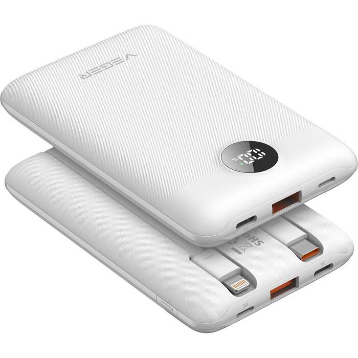 VEGER powerbank 10 000 mAh z wbudowanymi kablami Typ C / Lightning PD QC3.0 2A 22,5W C11C (W1170) biały