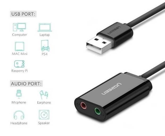 Zewnętrzna karta dźwiękowa USB UGREEN 15cm (czarny) US205